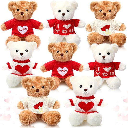 Hungdao 8 Pcs Valentines Bears Bulk 9.84 Inch Valentines Stuffed Animals Bulk Small Cute Plush Bears with Heart Clothes Valentine Gifts for Girlfriend Mother's Day Wedding Birthday Party(Cute Style)