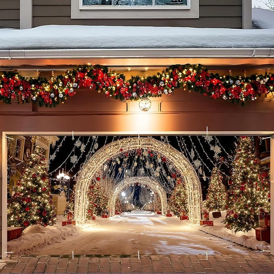 Christmas Light Tunnel Garage Door Banner 7x16FT, Night Street Xmas Cover for Outdoor Holiday Driveway & Party Decorations