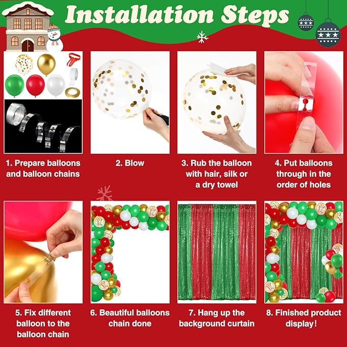137 Pcs Red Green Christmas Party Backdrop Kits-4 Sequin Curtains Backdrop 133 Balloon Arch Kit, Glitter Photo Background for Xmas New Year Eve Birthday Wedding Anniversary Baby Shower