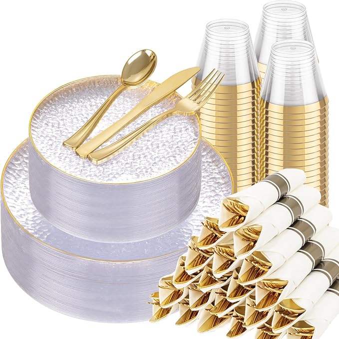 Hioasis 350pcs Clear Gold Plastic Plates - Clear Plastic Dinnerware Set Includes 50 Dinner Plate, 50 Dessert Plate, 50 Cups, 50 Napkins Perfect for Wedding & Party