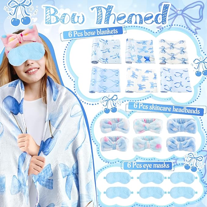 18 Pcs Sleepover Party Supplies for Girls, 6 Style Cute Blue Bow Blanket 6 Coral Fleece Spa Headband 6 Plush Blue Eye Mask Cover for Slumber Sleepover Spa Party Gift