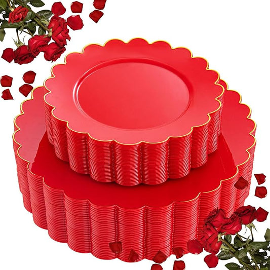 LIYH 60 Pcs Red Plastic Plates Disposable with Gold Edge Scalloped Red Disposable Plates Includes 30 Dessert & 30 Dinner Plate Dishes Tableware for Party Valentine's Day Mother's Day