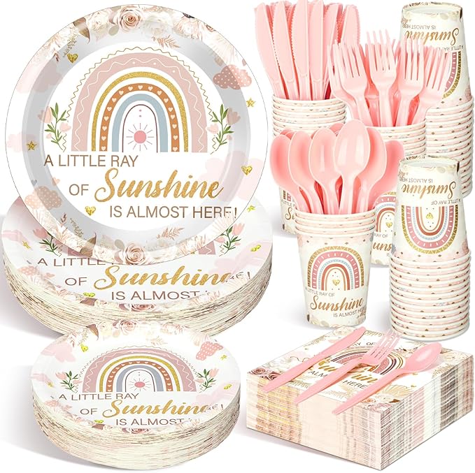 Dandat 350 Pcs Baby Shower Party Supplies Serves 50 Tableware Sets Include Plates Napkin Cup Forks Knives Spoons Disposable Dinnerware (Boho Style,Pink)