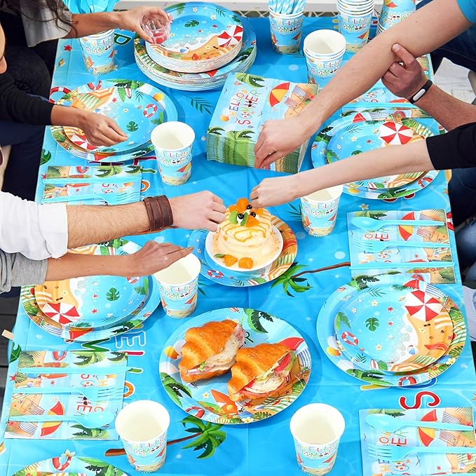 452 Pcs Hello Summer Party Decorations Beach Party Supplies for 50, Summer Beach Paper Plates Napkins Cups Tablecloth Cutlery Straws for Hawaiian Tropical Pool Birthday Decorations