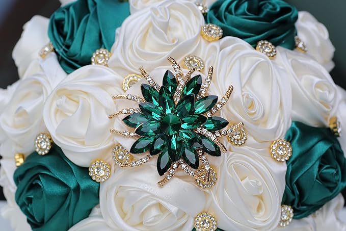 Handmade Wedding Bouquets for Bride Bridesmaid Brooch Bouquet Artificial Holding Flower Tossing Bouquet for Wedding Ceremony Anniversary(Ivory/DarkGreen,22cm)
