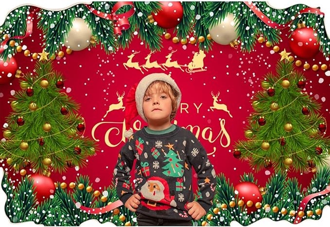 Baocicco 9x6ft Merry Christmas Photography Background Merry Xmas Baubles Ribbon Green Plants Backdrops for Photoshoot Winter Holiday Party Banner Festival Celebration Banner Photo Booth Studio Prop