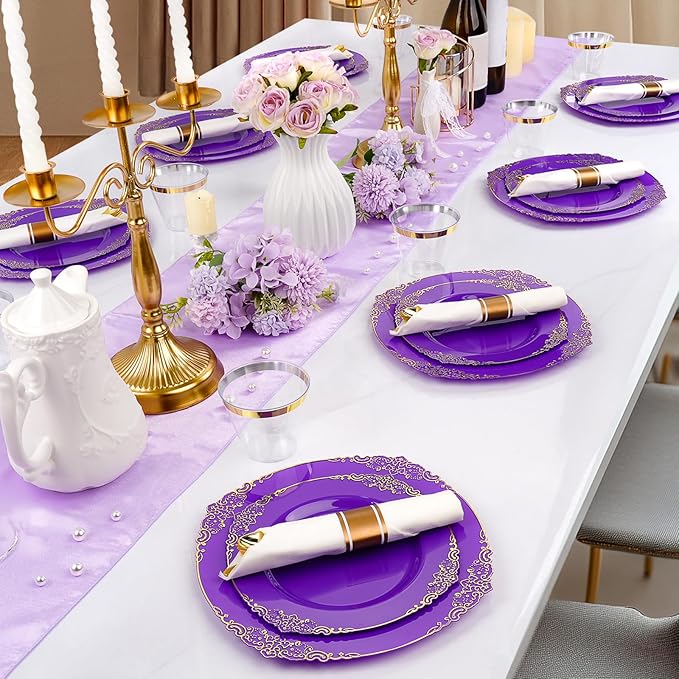 350 PCS Purple and Gold Plastic Plates, Plastic Dinnerware Set for 50 Guests, 100 Disposable Plates, 150 Silverwares, 50 Cups, 50 Napkins for Party, Wedding, Graduation