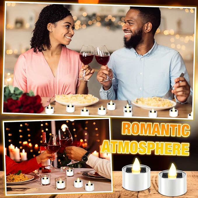 54 Pcs Solar Tea Lights Bulk Outdoor Waterproof Rechargeable Dusk to Dawn Lighting Small Valentine's Day Flameless Flickering LED Votive Candles for Garden Patio Party Lanterns (Warm White)