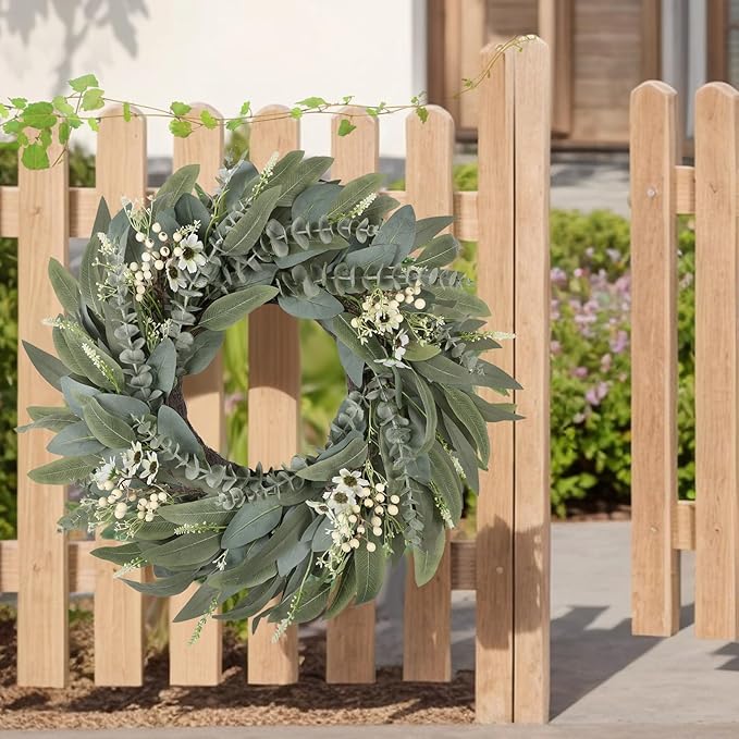 26 Inches Large Eucalyptus Spring Wreaths for Front Door,Artificial Greenery Summer Wreath with Berries White Flower Daisy,Easter Valentines Farmhouse Porch Wall Home Indoor Outdoor Décor