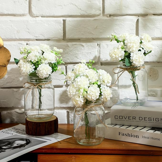 XunYee 10 Set Mason Jar Table Centerpiece with Flower Mason Jar Flower Centerpiece Vases Decor for Engagement Party Bridal Shower Centerpieces Wedding Reception Table Decor(Hydrangea)
