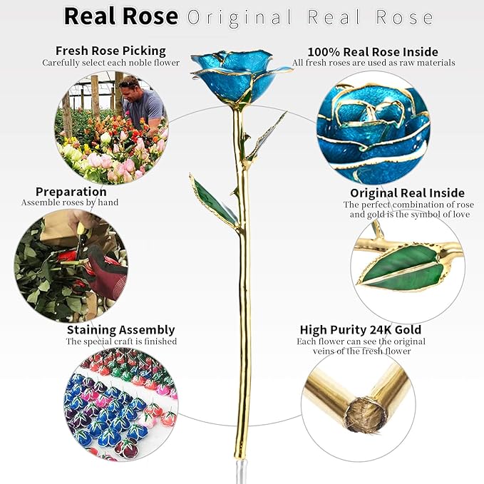 Romantic Rose Gift for her,Eternity Gold Rose Flower 24k Gold Dipped Rose and Romantic Gift for her Rose,SkyBlue with Stand