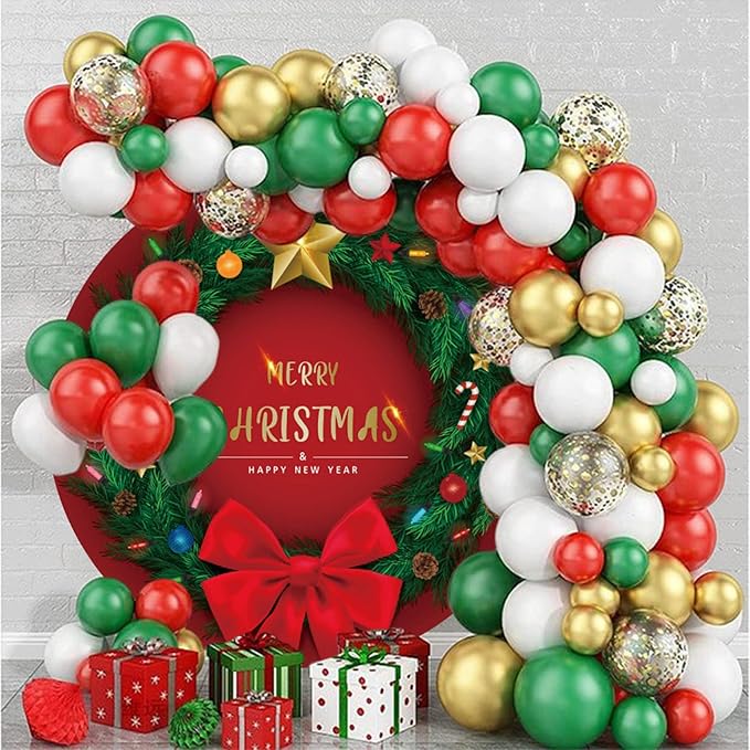 YongFoto 6x6ft Merry Christmas Round Backdrop Cover Green Exquisite Christmas Ring Red Bowknot Circle Background for Photography Happy New Year Eve Party Xmas Santa Party Festival Baby Shower
