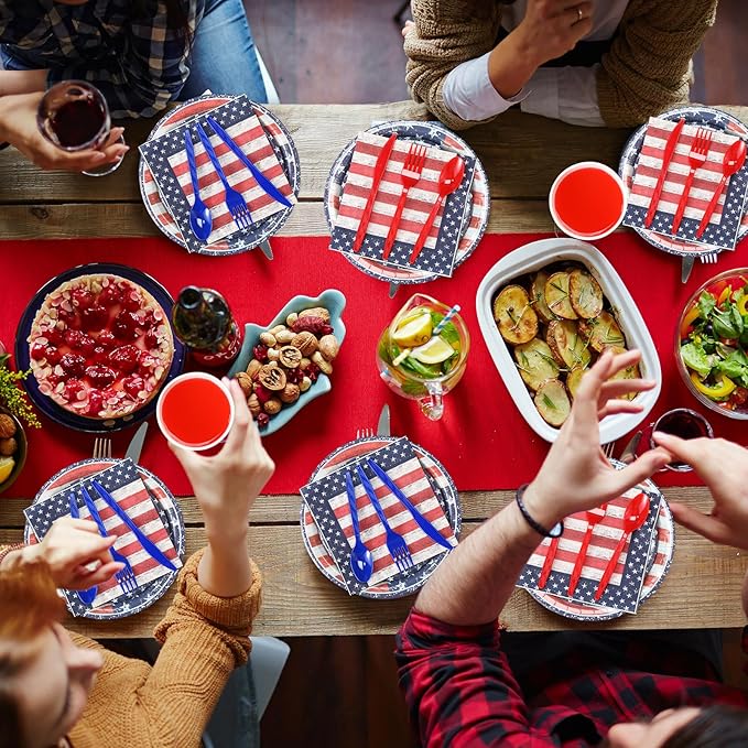400 Pcs American Flag Patriotic Party Supplies Red White Blue Disposable Paper Plates Napkins and Cups Veterans Election Tableware for Independence 4th of July Labor Memorial Day(Retro)