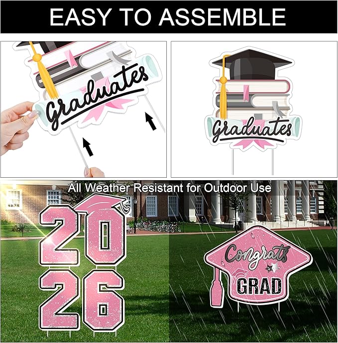 Large 11 PCS Graduation Yard Signs, Class of 2026 Congrats Grad Outdoor Lawn Yard Sign with Stakes, Graduate Yard Decorations for College High School Party, Pink