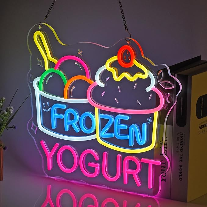 Frozen Yogurt Neon Sign, Neon Lights Hanging Wall Art Decoration for Grocery Store Supermarket Farmers Markets Ice Cream Shop, USB Powered, Ultra Bright & Dimmable, 14.96×12.6 Inches