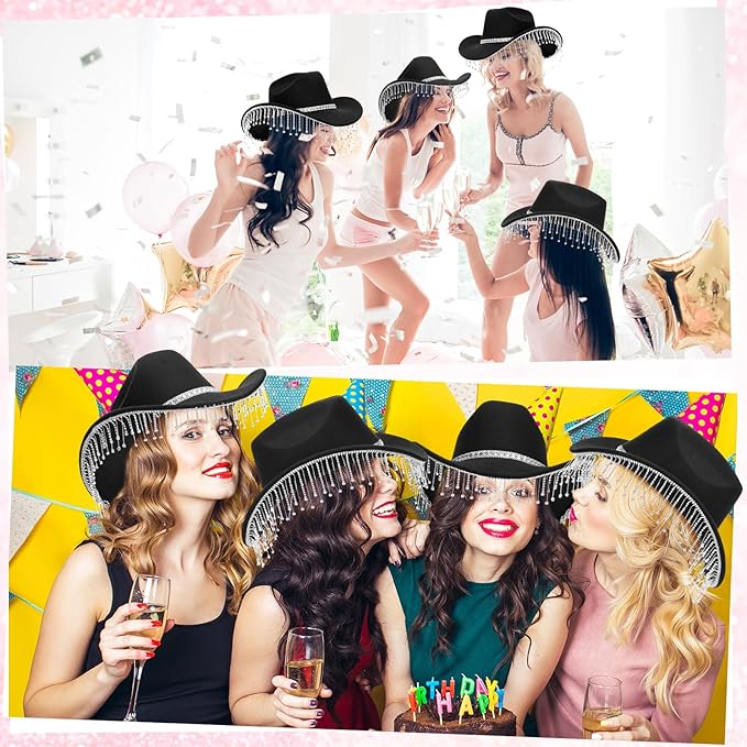 Hercicy 6 Pack Western Cowboy Hats with Rhinestone Tassel Bands Sequin Trim Sparkly Cowgirl Party Hats for Adults Women Men