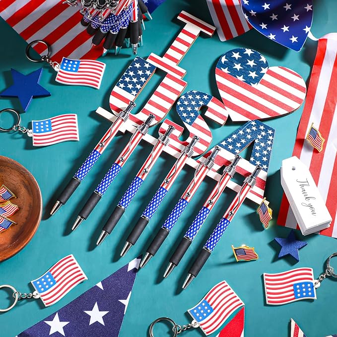 Qilery 250 Pcs Veterans Day Style American Flag Lapel Pins Ballpoint Pen Independence Day Flag Keychains Thank You Card Organza Gift Bag for Home School Office 4th of July Party Supplies