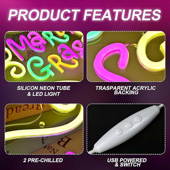 Mardi Gras Neon Sign, Dimmable Led Neon Light for Mardi Gras Decorations Wall Decor, New Orleans Party Home Bedroom Yard Festival Décor