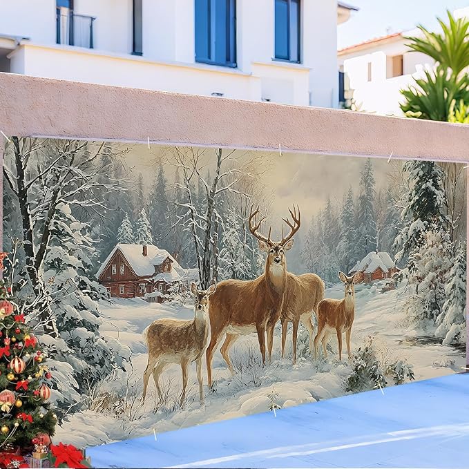 Christmas Garage Door Banner 7x16FT, Winter Reindeer Family Garage Door Cover, Large Outdoor Xmas Decoration for Garage Doors, Garden Fence & Holiday Parties
