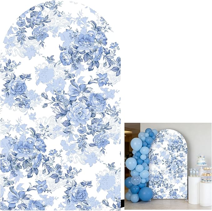 Arch Backdrop Cover Baby in Bloom Baby Shower Elastic Spandex Fabric Blue Pink Flower Floral Bows Girl Birthday Party Baptism Decoration (7.2x4ft,G3854)