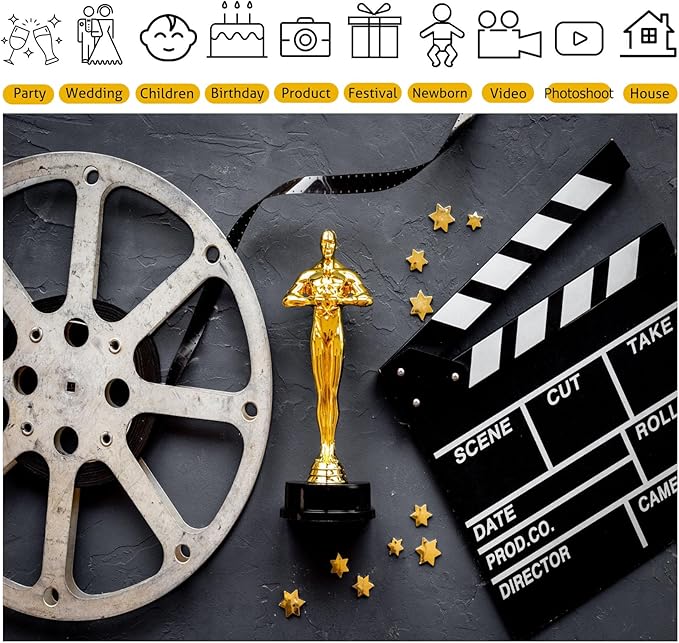 Movie Theme Backdrop 12x8ft Golden Statue and Movie Clapper Board Background Photography Show Parties Award Ceremony Award Ceremony Decorations Photo Booth Props