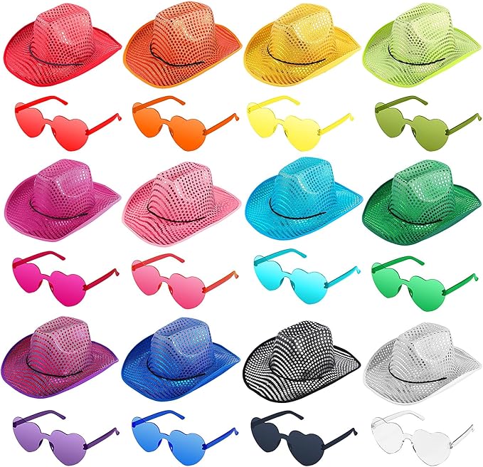 Bonuci Sequin Glitter Cow Hat and Funny Rimless Sunglasses Sparkly Party Favor for Women Men