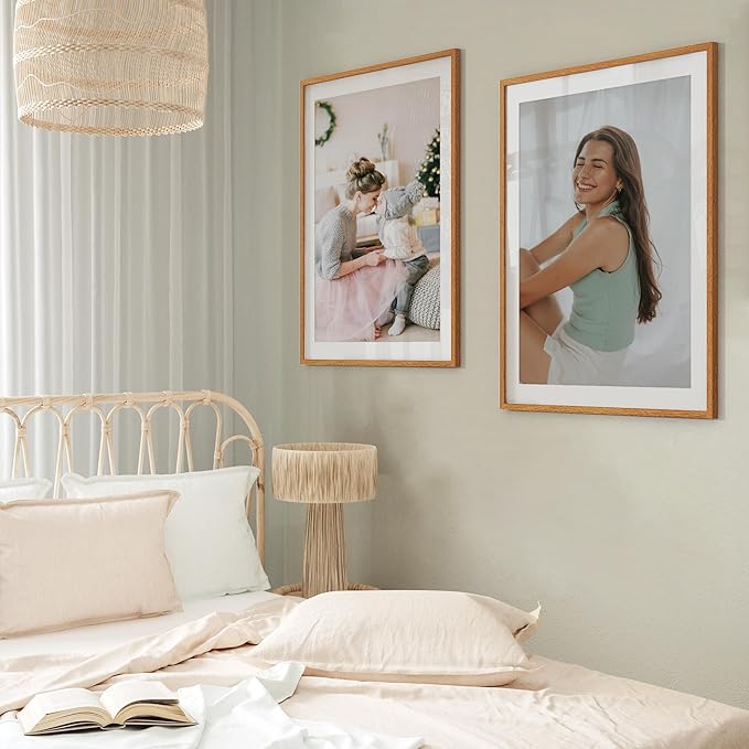 Axeman 28x34 Frame - Solid Teak Wood 28x34 Poster Frame With Mat for 24x30, 34x28 Wood Picture Frame, Tempered Glass and Hanging Hardware Included Home Decor Art Hanging Frame, Natural Teak