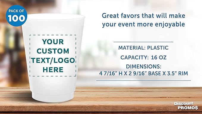 DISCOUNT PROMOS Custom Frosted Plastic Stadium Cups, 100 pack, Promotional Text, Logo, 16 oz. Shatterproof Flexible Reusable Party Cups– Pearl White