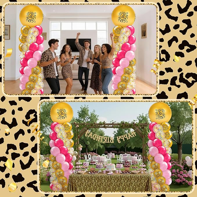 Kasyat 2 Set Pink Cheetah Print Balloon Column Stand Kit, Pink Leopard Print Balloon Garland Arch Kit Adjustable Stands for Jungle Safari Animal Baby Shower Wild One Birthday Party Decorations