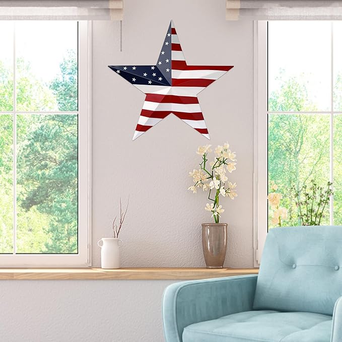 JoyEvy 23.4“ Patriotic Metal Barn Star Wall Decor, American Flag Stars for House Ornaments, Indoor Outdoor Wall Hanging Primitive Decor Star for 4th of July Decoration