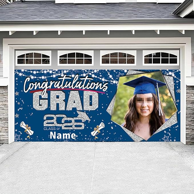 Custom Garaduation Garage Door Banner Cover 16 x 7 ft Class of 2026 Congrats Grad Party Backdrop Personalized Graduation Decoration(Blue and Silver)