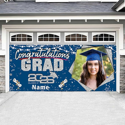 Custom Garaduation Garage Door Banner Cover 16 x 7 ft Class of 2026 Congrats Grad Party Backdrop Personalized Graduation Decoration(Blue and Silver)