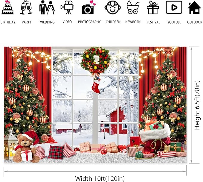 Baocicco 10x6.5ft Merry Christmas Photo Background Red Gold Xmas Winter Festival Snowfalke Baubles Backdrop Photography Family Holiday Party Banner New Year Photo Booth Background Party Decorations