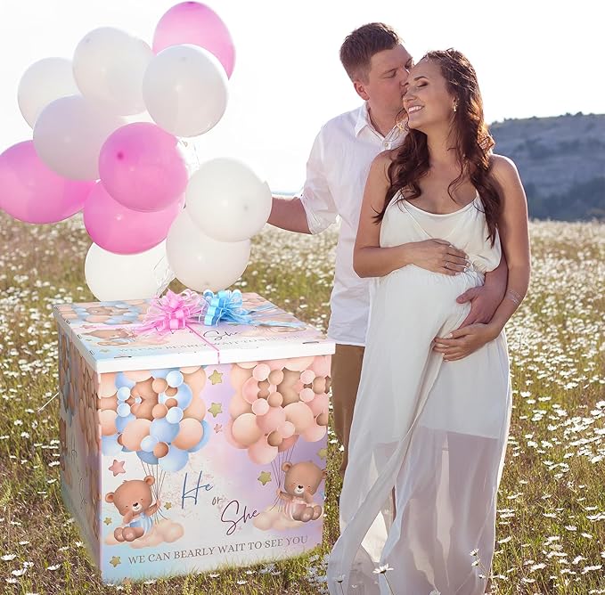 AmazingSpark 28in Jumbo Gender Reveal Gift Box Kit with Oversized Box Giant Pull Bows for Gender Reveal Baby Shower Birthday Party Decor (Boho Teddy Bear)