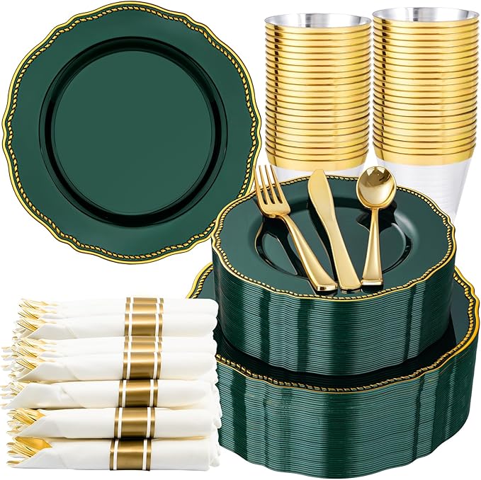 Hioasis 350pcs Green Gold Plastic Plates - Gold Plastic Dinnerware Set Includes 50 Dinner Plates, 50 Dessert Plates, 50 Gold Utensils, 50 Napkins Perfect for Wedding & Party