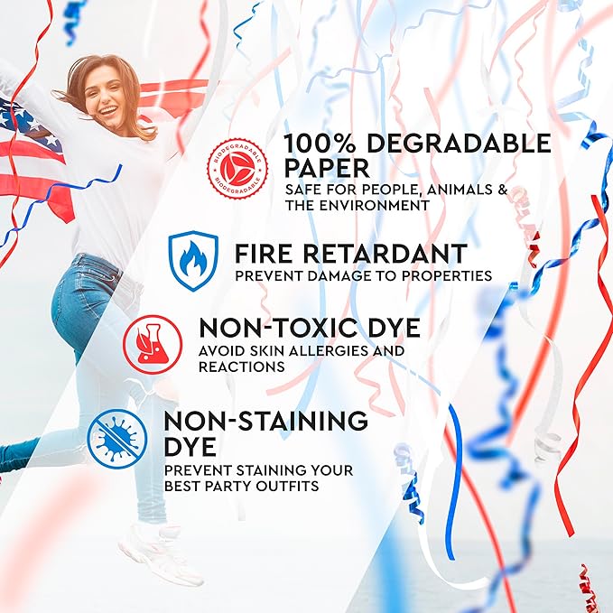 16" America Streamers Cannon [6 Pack] Red White & Blue Streamer Poppers No Mess, Biodegradable Streamer Paper, No Mess Confetti Poppers, Independence Day/July 4th, Conventions, Loud, Shoot Up to 40ft