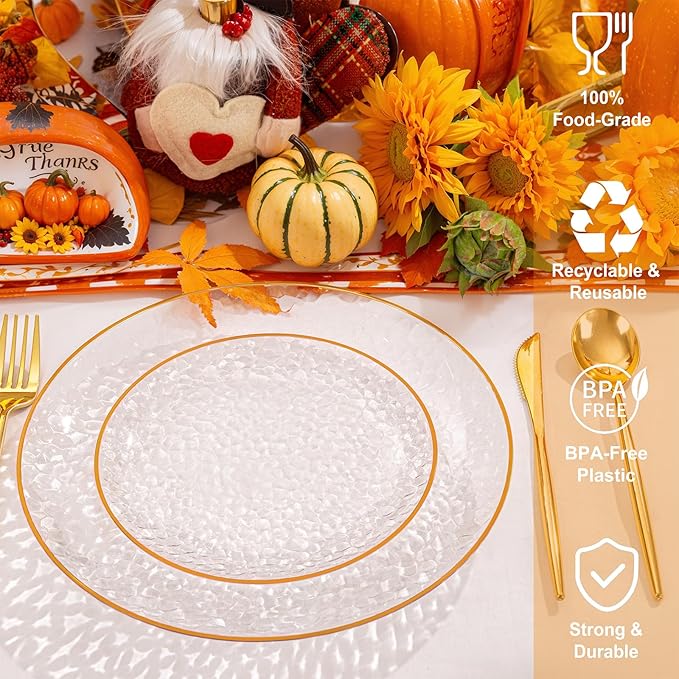 Rubtlamp 60PCS Plastic Orange Plates, Clear Disposable Plates With Orange Rim, Heavy Duty Hammered Plate, Thanksgiving Party Platos Include 30Orange Dinner Platos,30Clear Dessert Plate