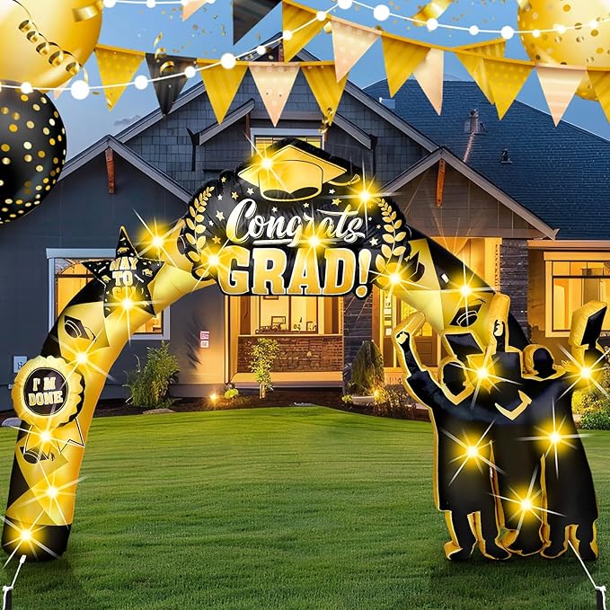 Vihose 7 Ft Tall Graduation Blow Up Arch Decorations Congrats Grad Inflatables Jumbo Black Gold Decorations Cap Gown Diploma LED Lights for Preschool High School College Prom Party Decor