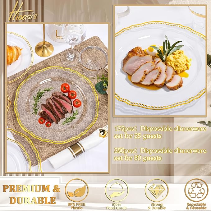 Hioasis 350pcs Clear Gold Plastic Plates - Gold Plastic Dinnerware Set Includes 50 Dinner Plates, 50 Dessert Dinnerware, 50 Cups, 50 Rolled Napkin Cutlery Perfect for Wedding & Party