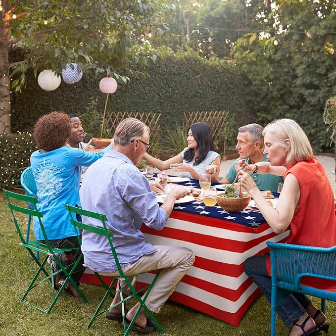 Oudain 2 Pcs Memorial Day Star Stretch Table Cover 6 Feet Patriotic Red White and Blue Spandex Table Clothes American Star Party Decorations for Independence Day Veterans Events Party Celebration