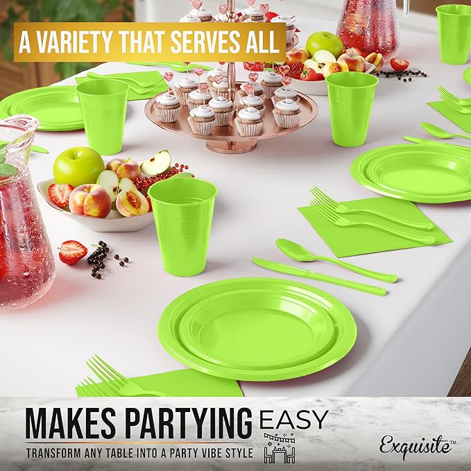 350 Pcs Lime Green Plastic Plates For Party, Lime Green Disposable Plates Set, 50 Of Each 9" Dinner Plate Set, 7" Dessert Plate, Cups, Napkins & Cutlery Plastic Dinnerware Exquisite