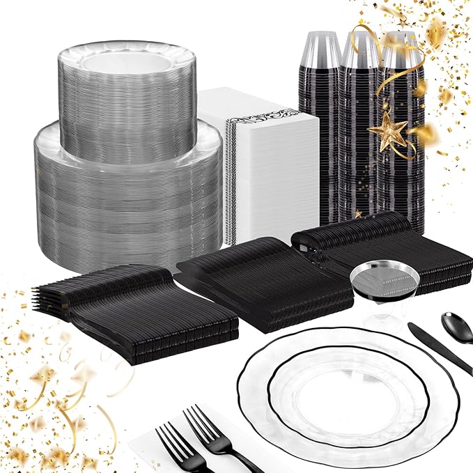 LIYH 700 Pcs Clear Black Plastic Dinnerware Set for 100 Guests, Disposable Plastic Wavy Black Plates for Party Include Dinner & Dessert Plates, Napkins, Cups, Cutlery for New Years Day