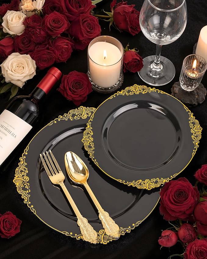 Nervure 100PCS Black Gold Plastic Plates - 7.5 inch Black Plastic Plates with Gold Rim - Disposable Dessert Plates for Wedding & Party