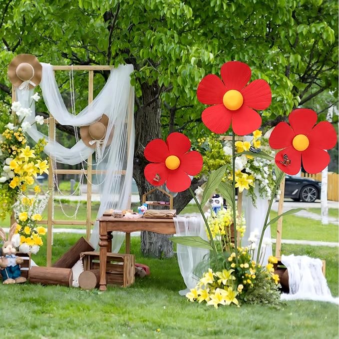 Giant Artificial Daisy Flowers Decoration Five Petal 5.8 Ft Tall Large Fake Daisies Spring Wild Flower for Party Garden Office Home Wedding Decor(Red)