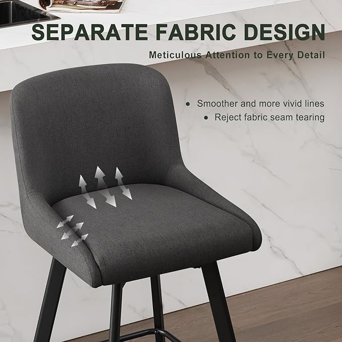 Swivel Counter Height Bar Stools Set of 2, 29''H Upholstered Barstools with Backs, Modern Bar Stool Chairs for Kitchen Island, Metal Legs, Fabric, Black Grey Stools Counter Chair