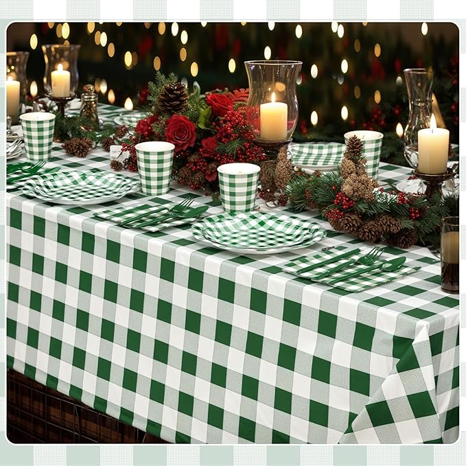 452 Pcs Green Gingham Party Supplies for 50, Dark Green Plaid Checkered Paper Plates Napkins Cups Tablecloth Cutlery Straws for Holiday Birthday Baby Shower Party Decoration
