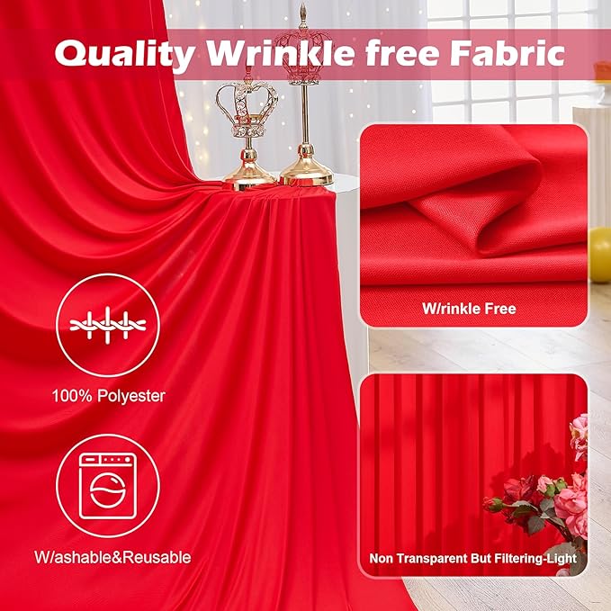 30ft x 10ft Wrinkle Free Red Backdrop Curtain for Parties, 6 Panels 5×10ft Silky Polyester Red Photo Backdrop Drapes Back Drop Cloth for Birthday Theme Party Wedding Photography Background