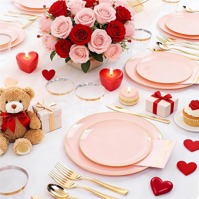 NOCCUR 350PCS Pink Plates Disposable - Pink Gold Plastic Dinnerware Set for 50 Guests Include 100 Dinner/Dessert Plates,150 Cutlery,50 Cups&50 Napkins - Ideal for Party/Wedding/Valentines Day
