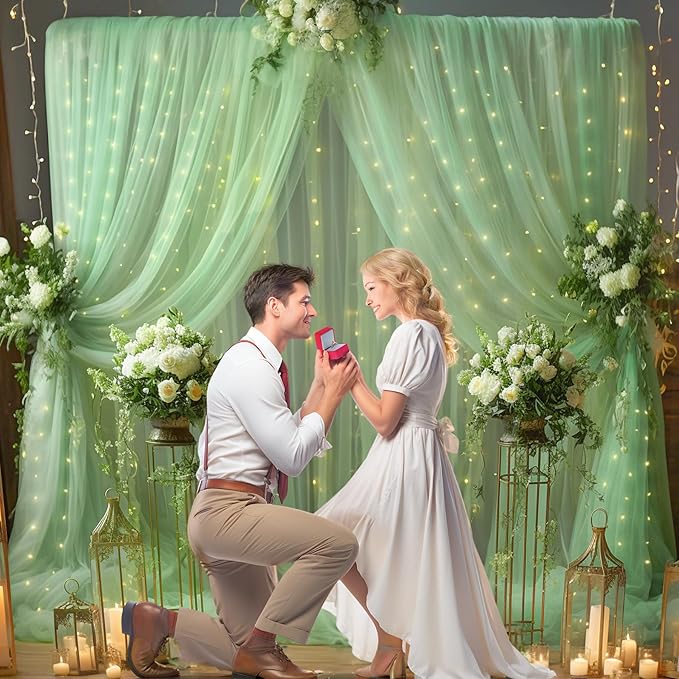 30x8ft Olive Green Tulle Backdrop Curtain with Lights String for Parites, Sheer Photo Backdrop Curtains with Lights for Wedding Backdrop Ceremony Reception Bridal Shower Baby Shower Birthday Party