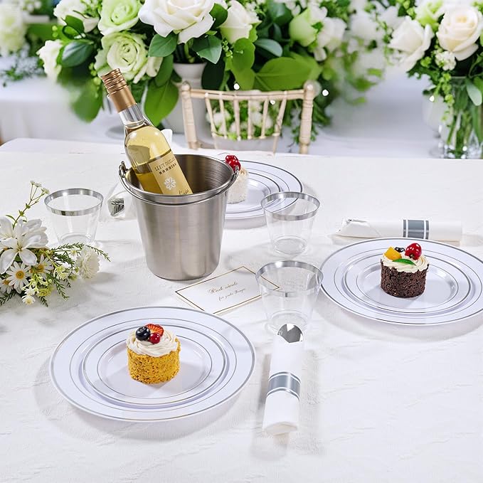 DaYammi 350PCS Silver Plastic Dinnerware Set for 50 Guests, Fancy Disposable Plates for Party, Include: 50 Dinner Plates, 50 Dessert Plates, 50 Pre Rolled Napkins with Silver Silverware, 50 Cups